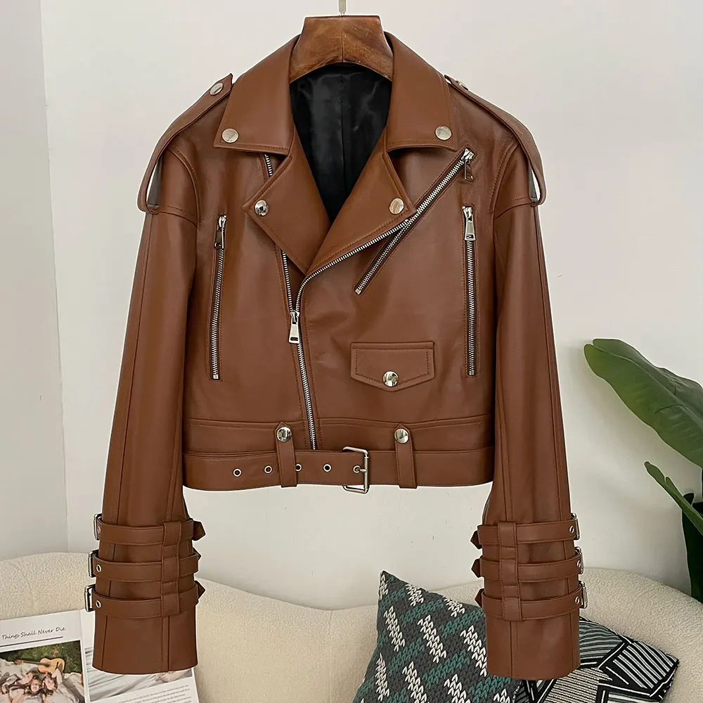 Women'S Fashion Utility Jacket - Jaqueta Feminina de Couro Genuíno para