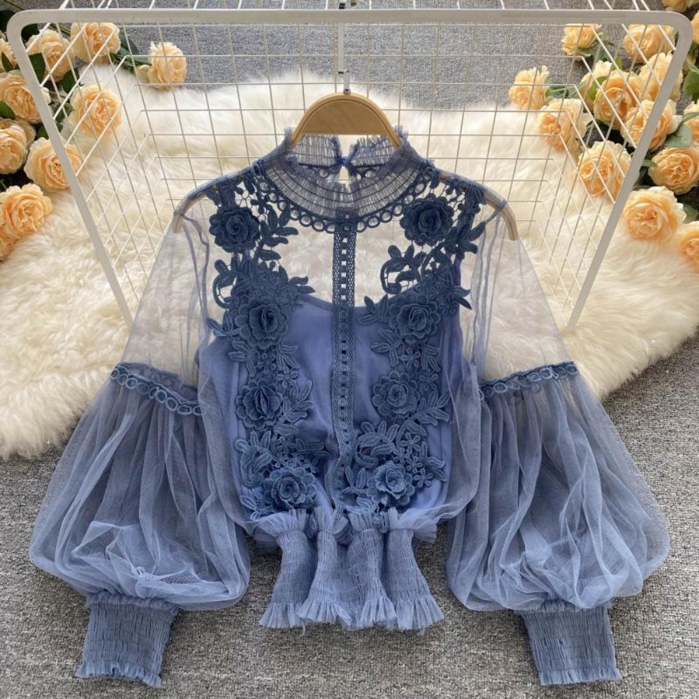 Puff Sleeve Blouse - 2 pçs/set rendas puff manga longa