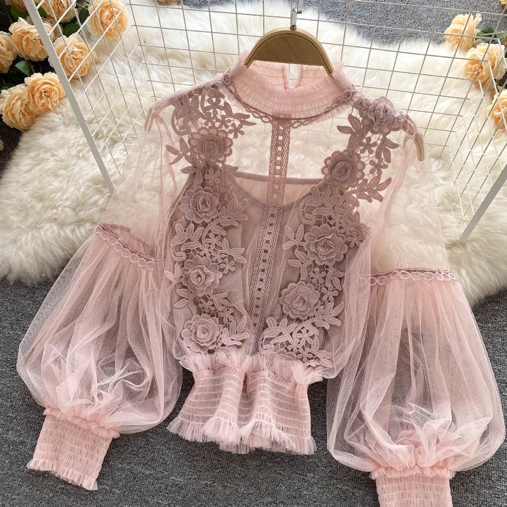 2 pçs/set rendas puff manga lo - Puff Sleeve Blouse avaliação e preço