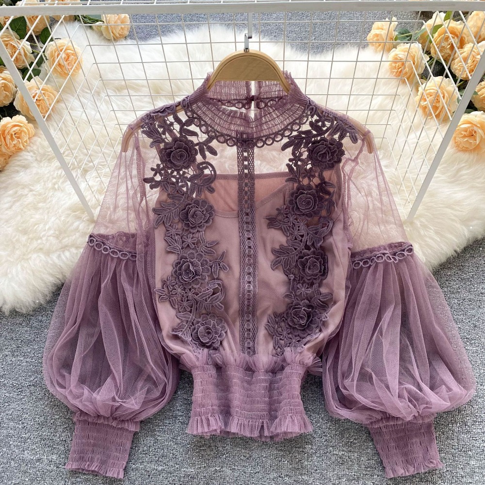 2 pçs/set rendas puff manga lo - Puff Sleeve Blouse avaliação e preço