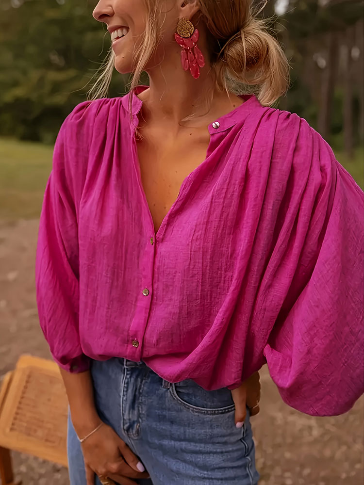 Nova elegante gola alta camisa - Puff Sleeve Blouse avaliação e preço