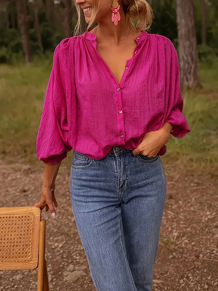 Nova elegante gola alta camisa - Puff Sleeve Blouse avaliação e preço