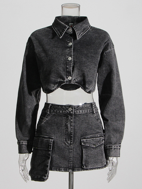   Jaqueta Curta de Denim Cinza - Women'S Fashion Utility Jacket avaliação e preço
