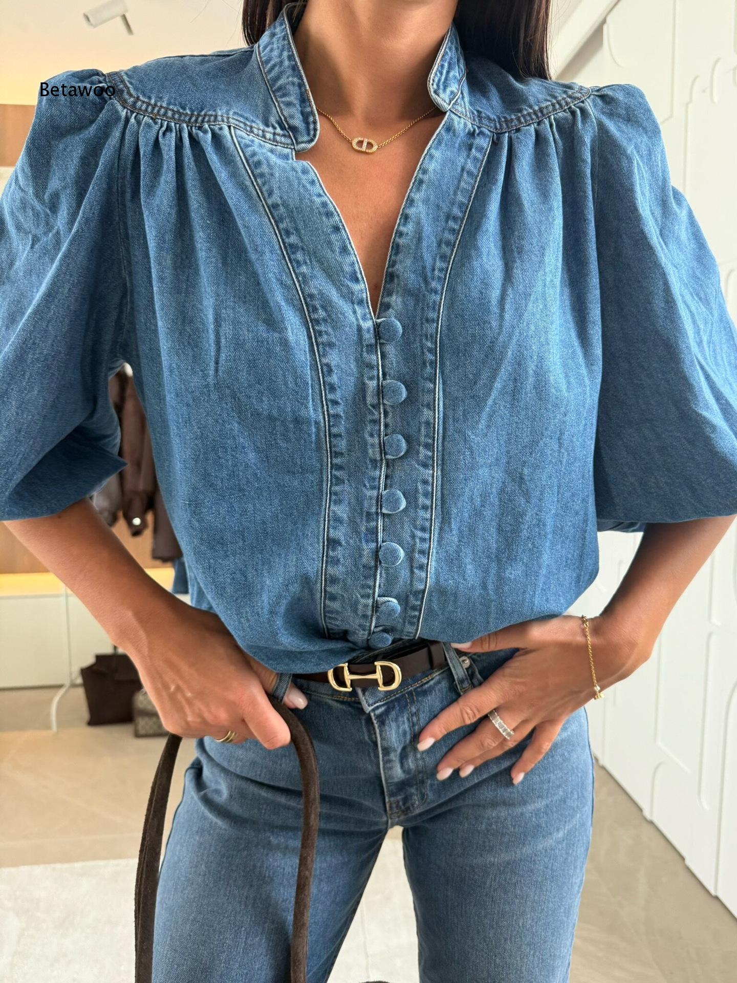Blusa Feminina de Gola Alta co - Puff Sleeve Blouse avaliação e preço