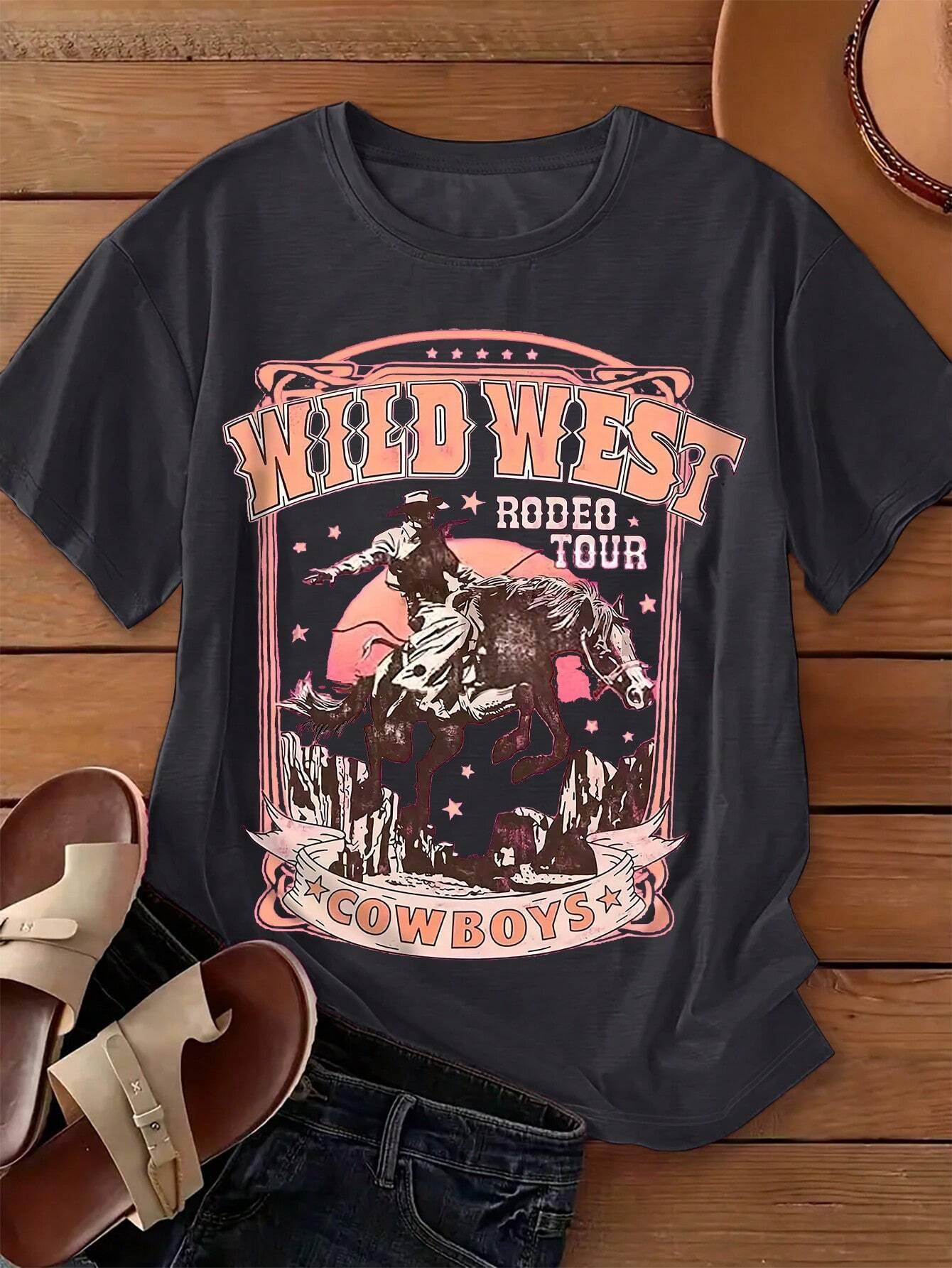 T-shirt de manga curta com imp - Women'S Fashion Wild West avaliação e preço