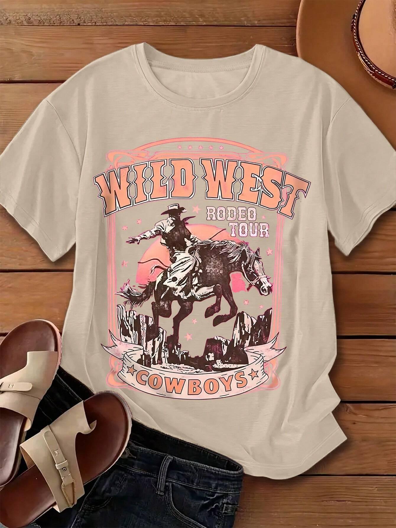 T-shirt de manga curta com imp - Women'S Fashion Wild West avaliação e preço